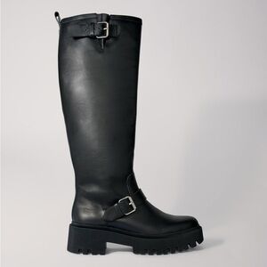 Maje Biker Knee-High Boots in Smooth Leather in Black